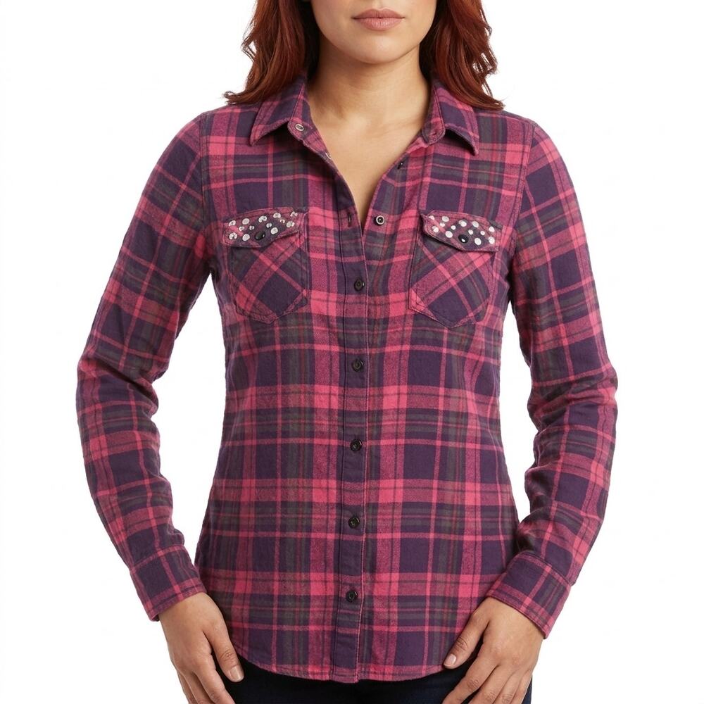 Finesse Pink Plaid Button-Up Shirt Women Size S